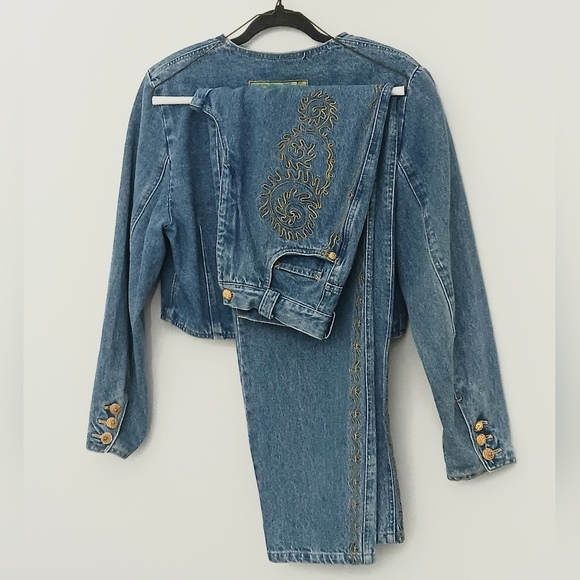 Mondi Vtg Gold Embroidered Blue Denim Jacket & Jeans Set Waist 24" Pre-owned - Picture 2 of 16